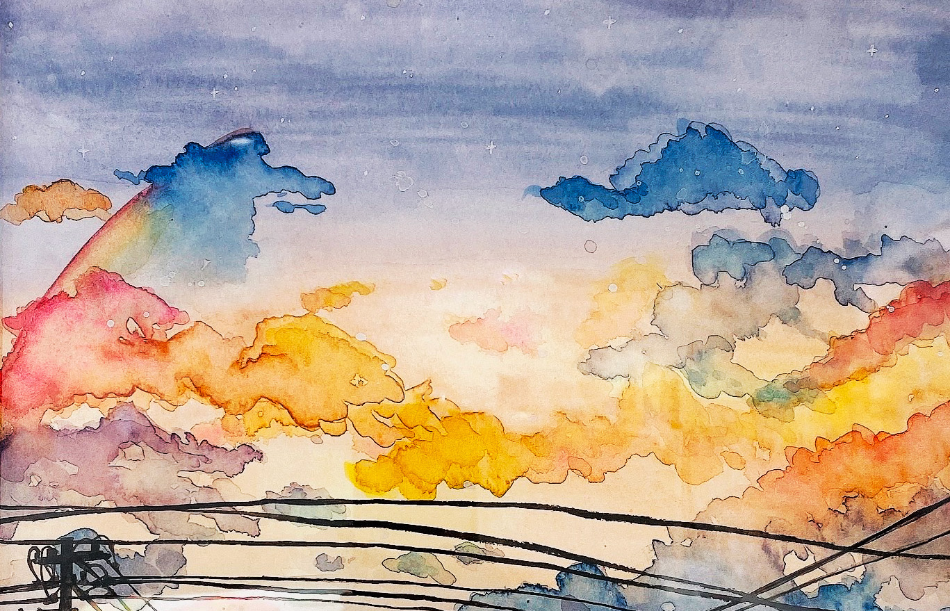 ピンクの空の絵